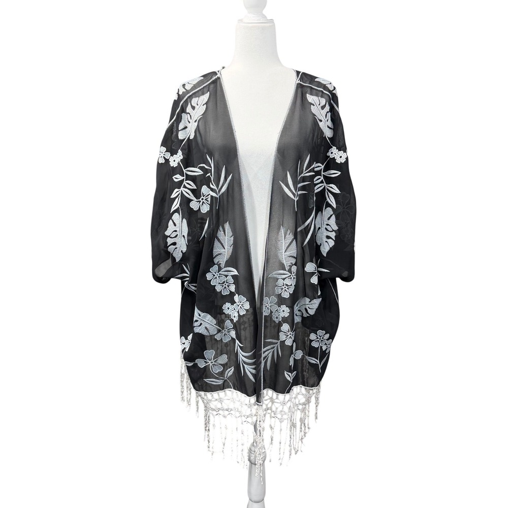 cj banks Kimono Wrap Women One Size Black Floral Embroidered Crochet Fringe